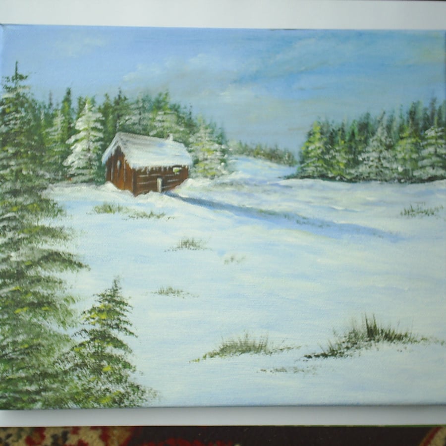 9x12 original art painting box canvas acrylic winter scene 136
