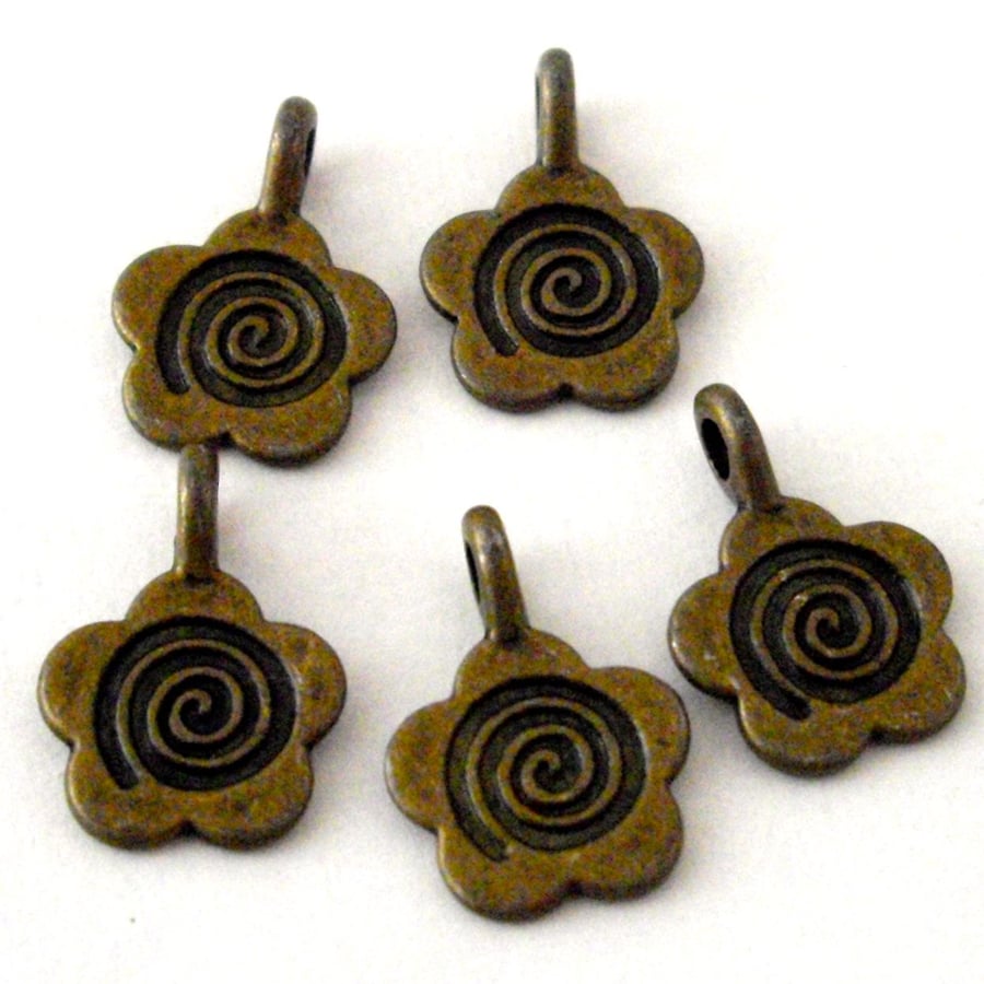5 x Bronze Tone Flower Charms - Glue on Bails