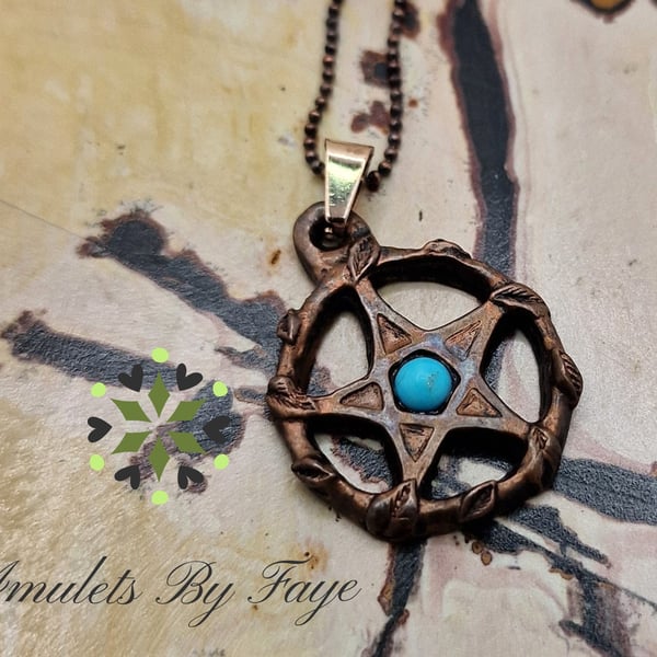 Copper Pentacle Surrounded by Leaves Pendant with Turquoise Gemstone Necklace.