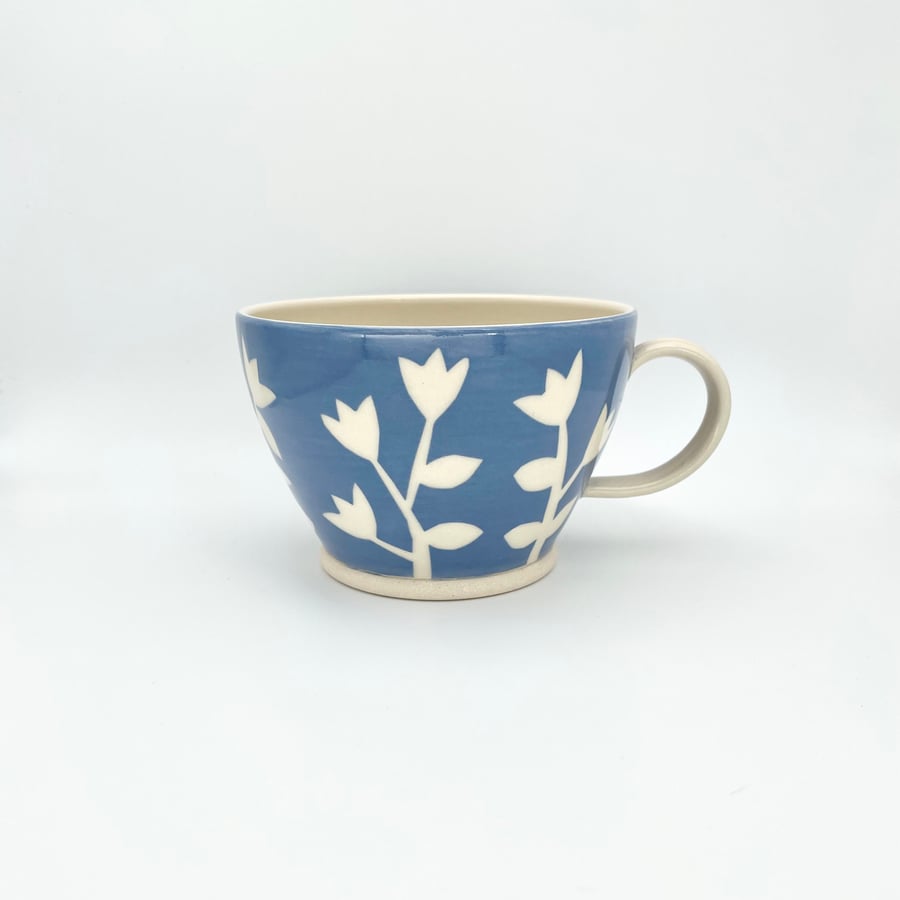 Handmade Mug Tea Coffee Blue White Flowers Birthday Thank You Pottery Gift