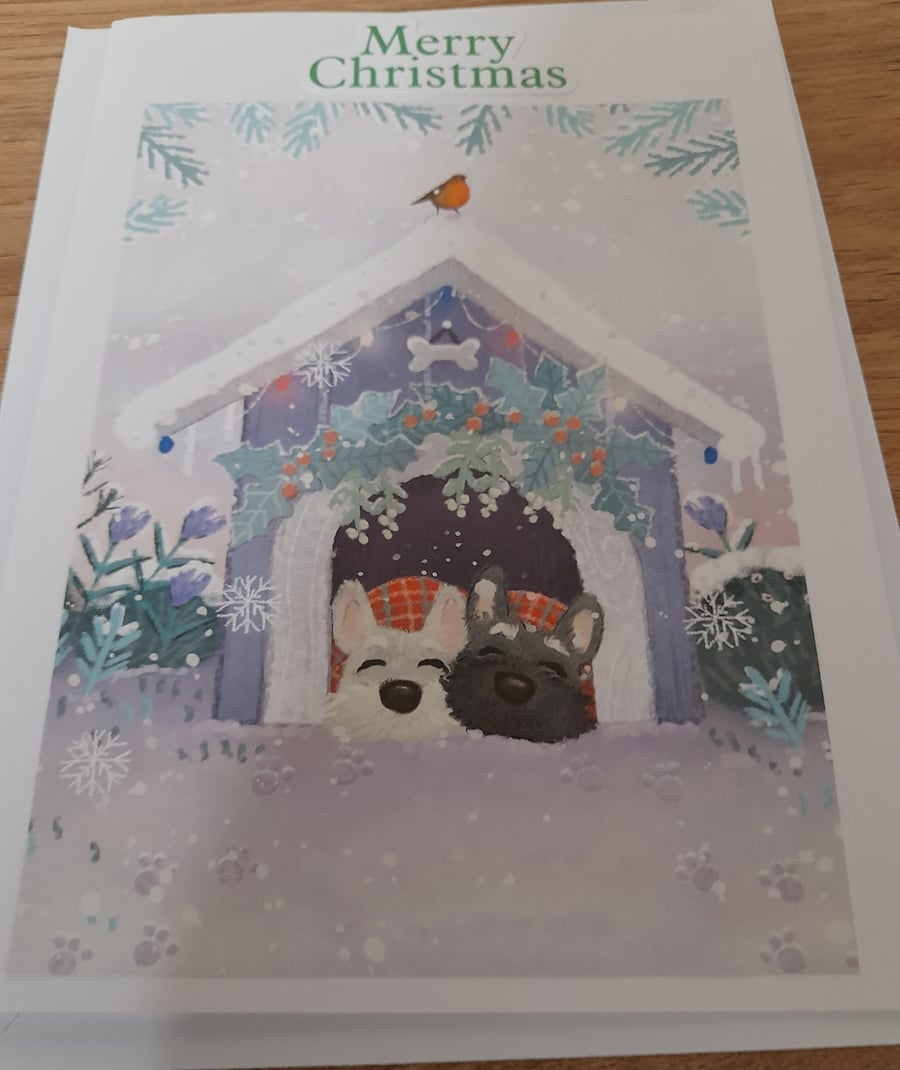HANDMADE MERRY CHRISTMAS CUTE CARD WITH TWO DOGS CHRISTMAS SCENE.