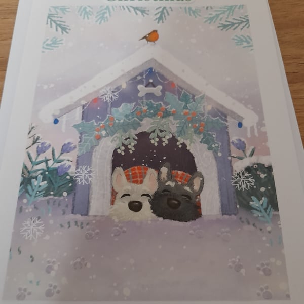 HANDMADE MERRY CHRISTMAS CUTE CARD WITH TWO DOGS CHRISTMAS SCENE.