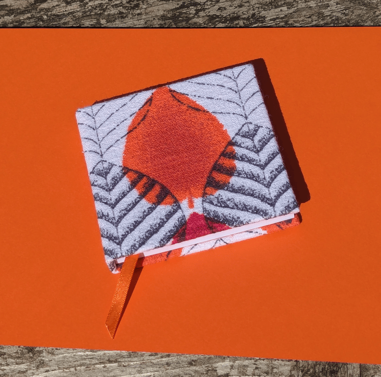 Handmade Mini Sketchbook with 1950's Orange Autumn Leaf Vintage Barkcloth Fabric