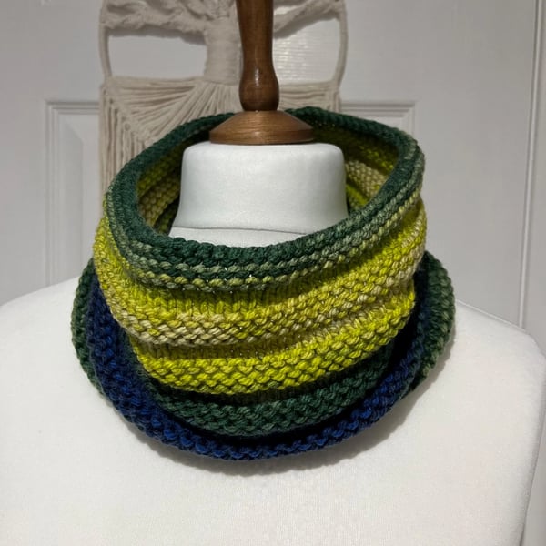 Hand Knitted Cowl Neck Warmer: Chunky Wool Navy & Lime 60 x 22cms