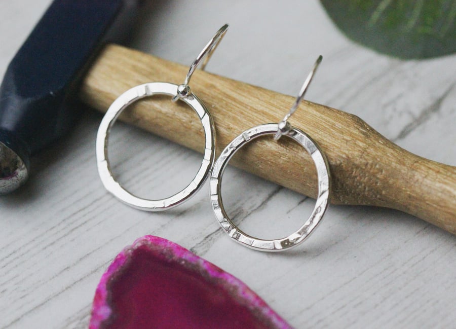 Organic hammered sterling silver circle earrings