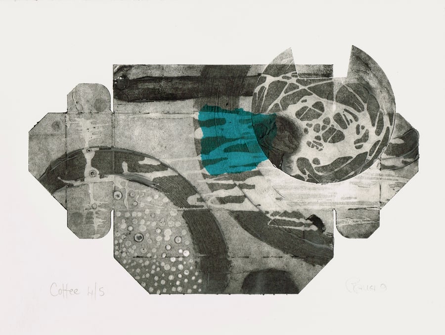 Tetra pak Coffee collagraph abstract hand printed print