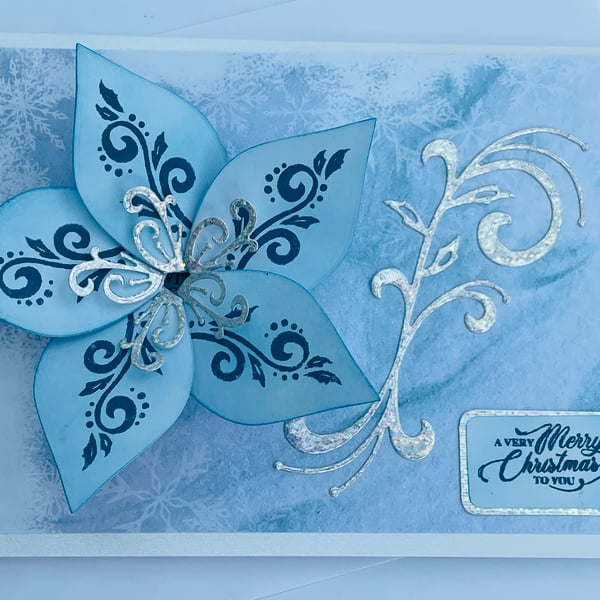 Luxury Ice blue spinning poinsettia Merry Christmas card
