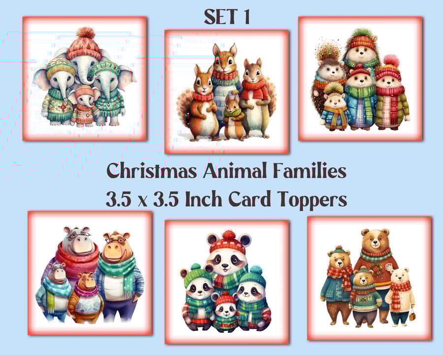 Christmas Animal Families Square Card Toppers for Card Making, Tags, Scrapbooks