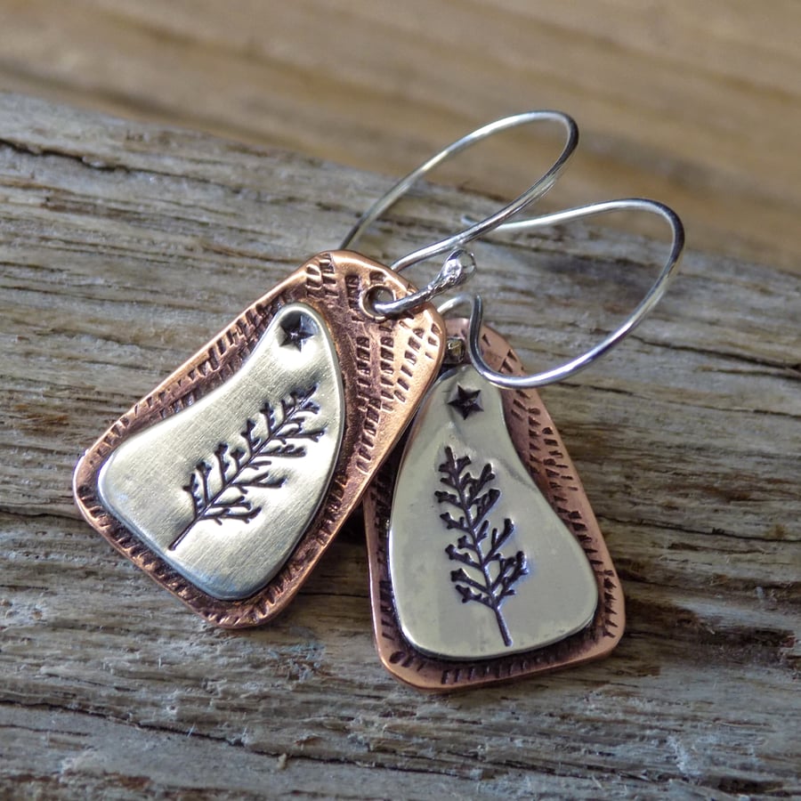 Copper and silver ,mixed metals 'tree' drop earrings 