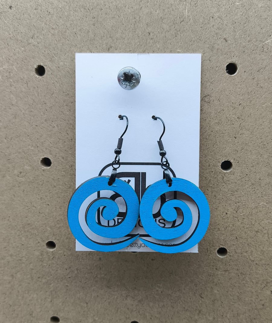 Blue Spiral Wooden Earrings