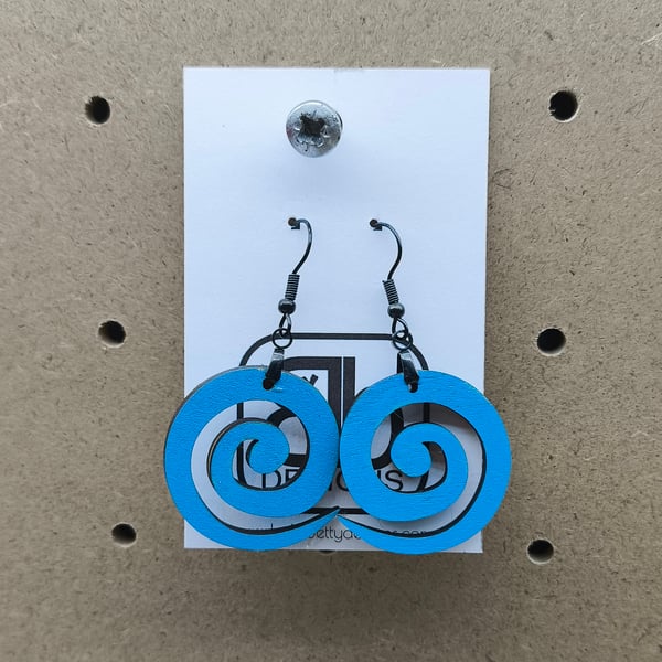 Blue Spiral Wooden Earrings