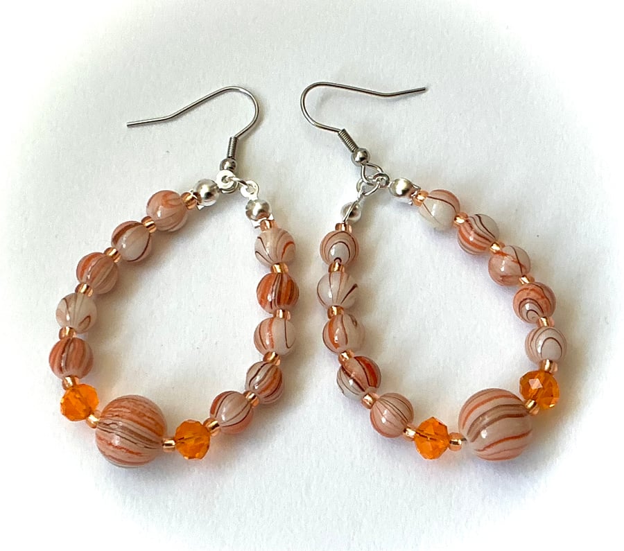 Orange Striped Beaded Hoop Earrings