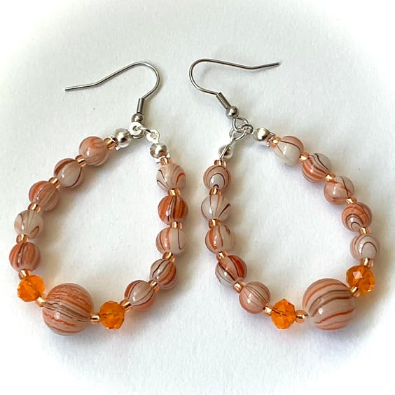 Orange Striped Beaded Hoop Earrings