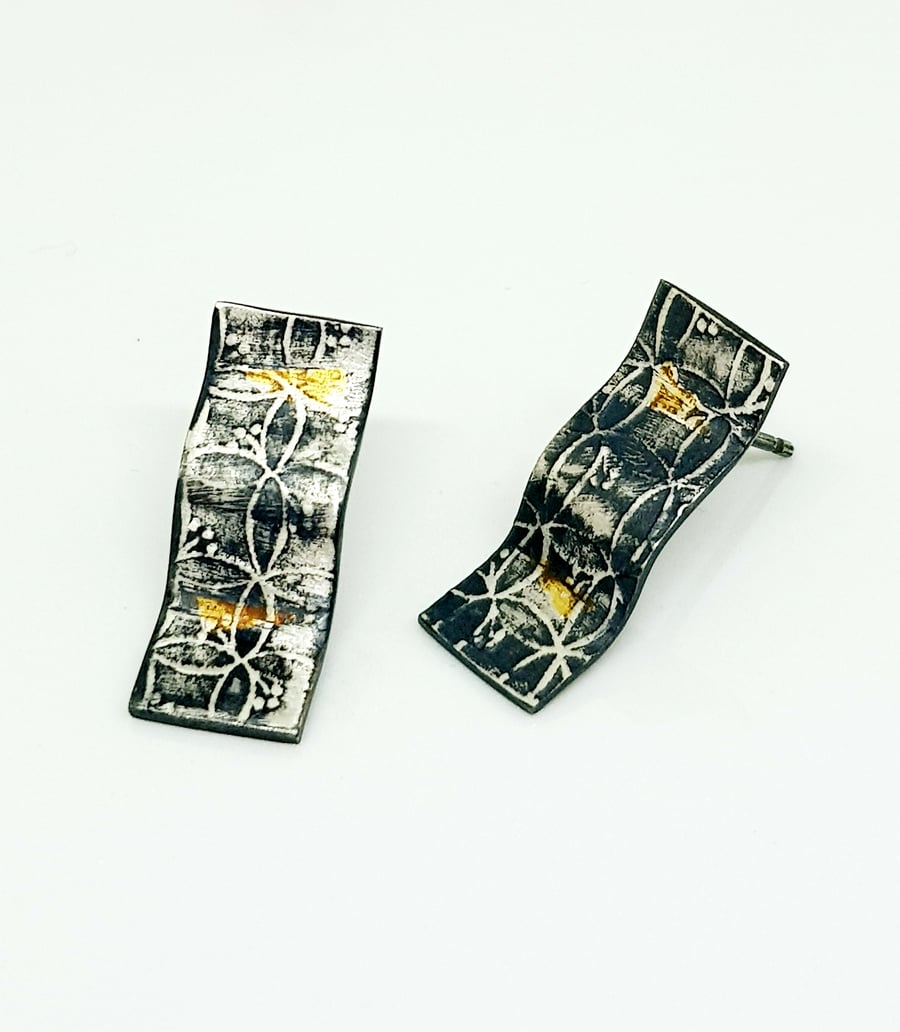 Ximena by Fedha - oxidised sterling silver stud earrings, elongated, embossed