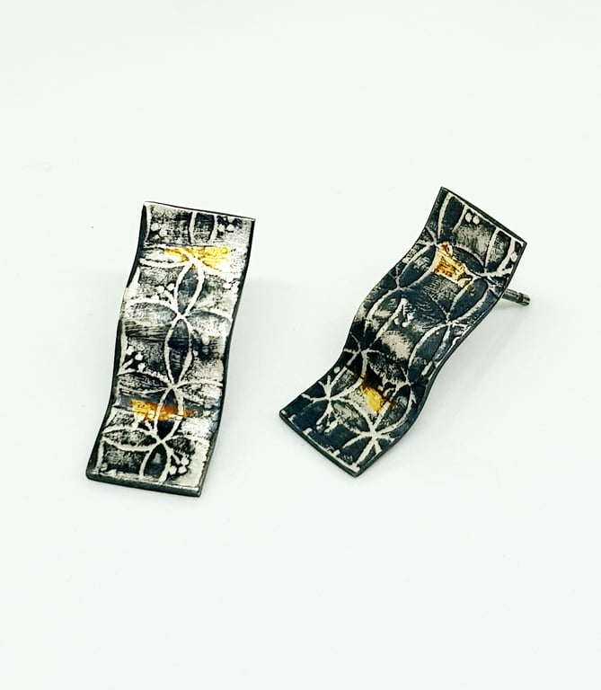 Ximena by Fedha - oxidised sterling silver stud earrings, elongated, embossed