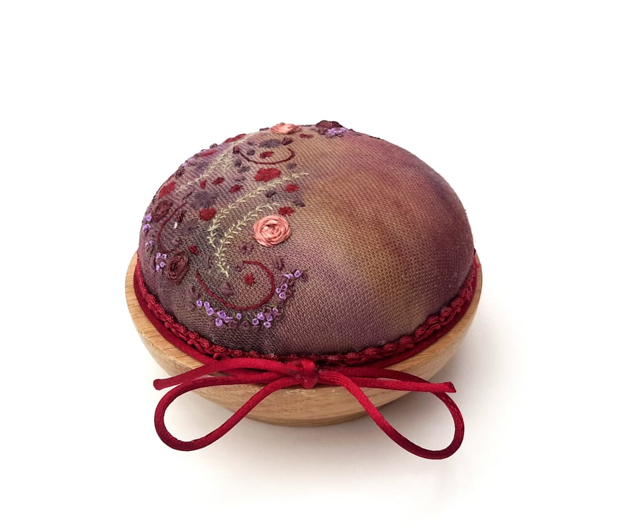 Pincushion. Hand Embroidered & Hand dyed Pin cushion on Oak Base 