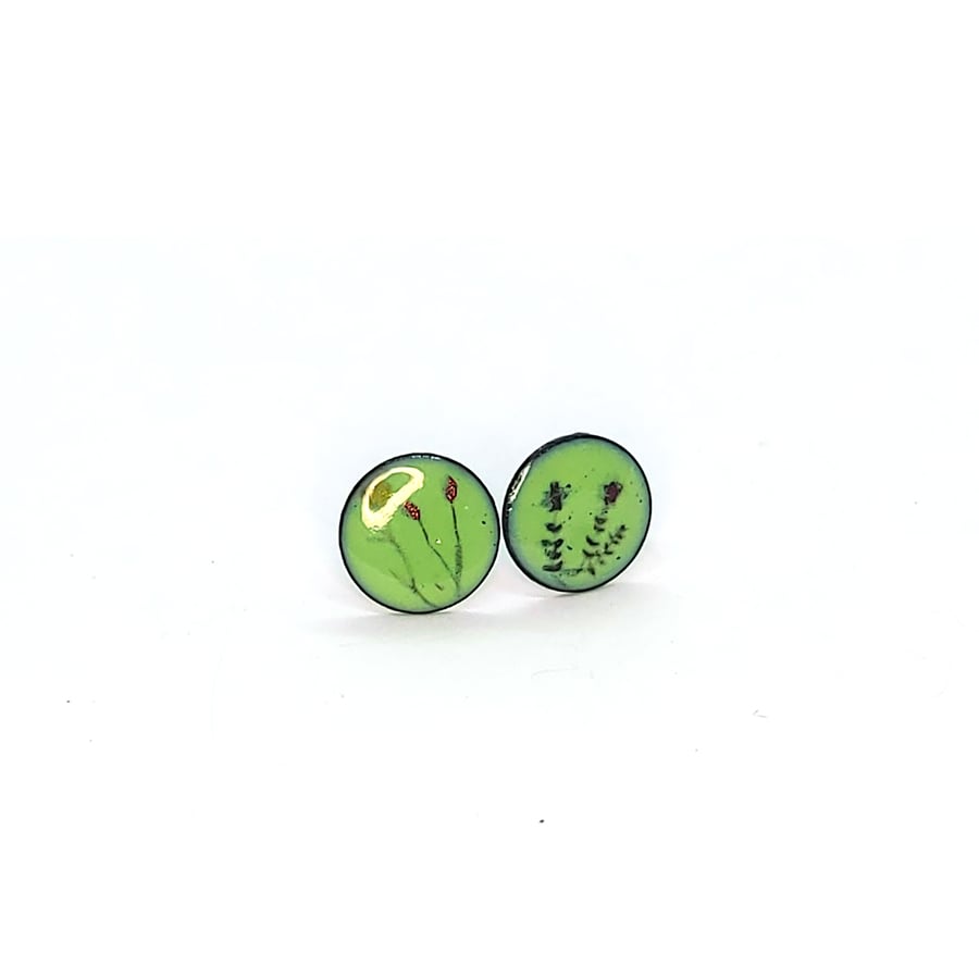 Green enamel Wild Flowers round stud earrings