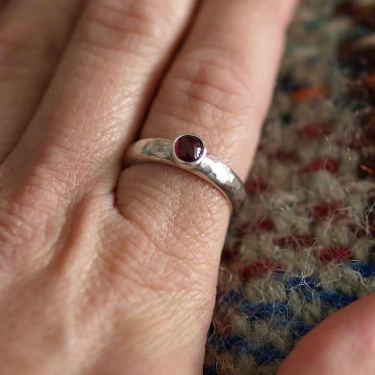 Garnet Ring, Solid Hammered Recycled Sterling Silver 925