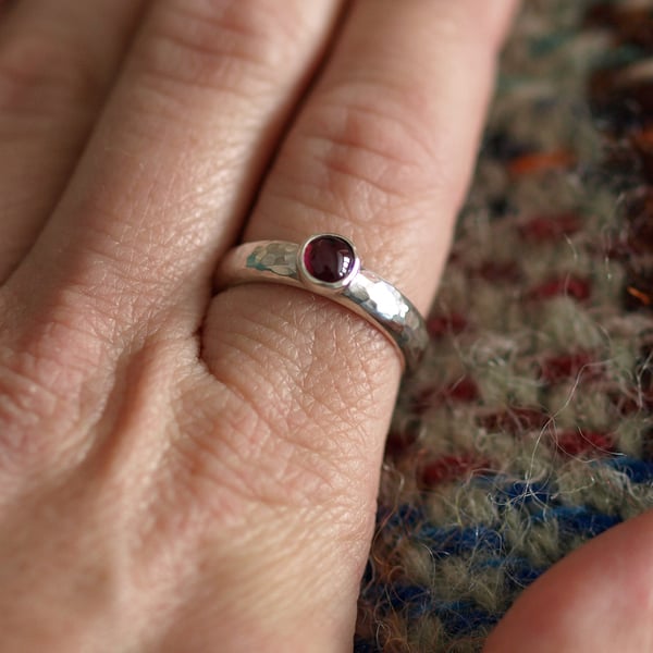 Garnet Ring, Solid Hammered Recycled Sterling Silver 925