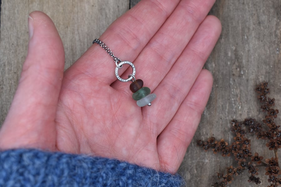 Sea Glass and Recycled Sterling Silver Stacked Necklace