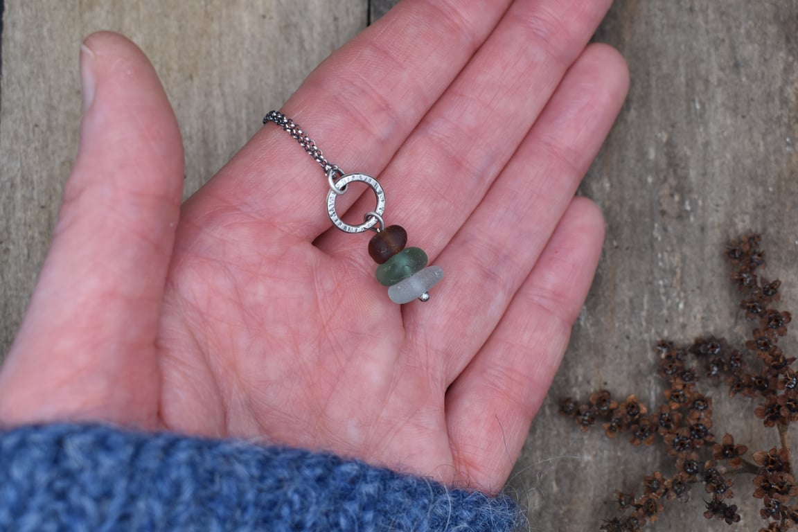 Sea Glass and Recycled Sterling Silver Stacked Necklace