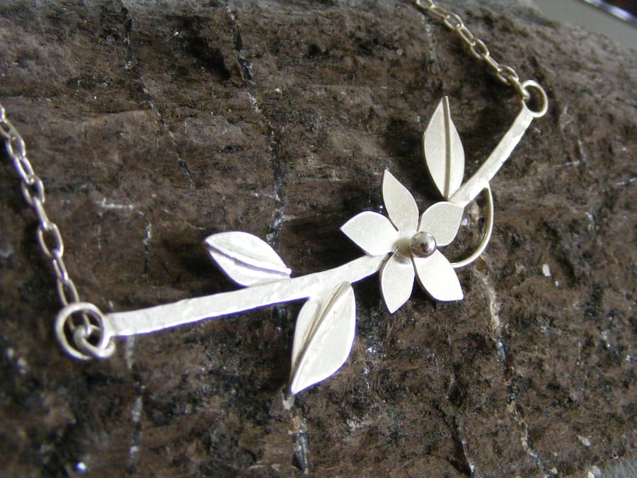 Sterling Silver Floral Bar Necklace - Hallmarked