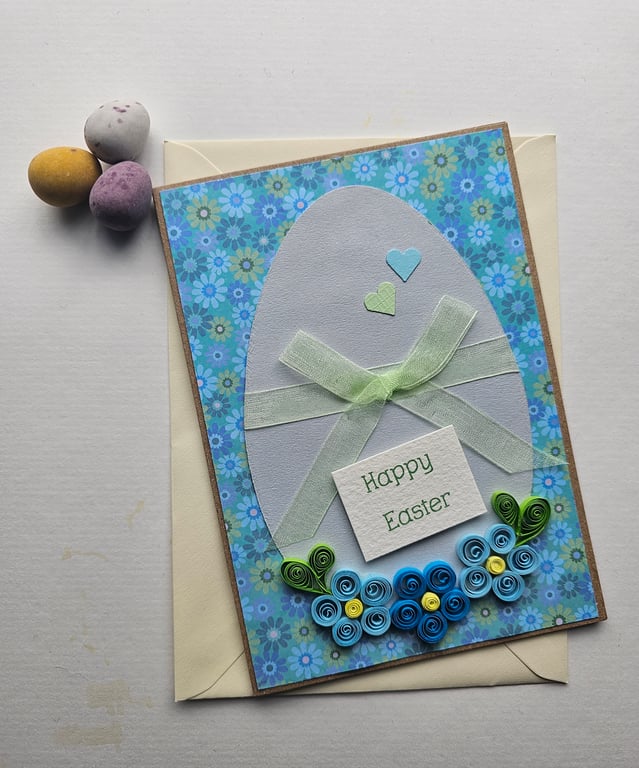 Blue Easter Egg Card with Quilled Flowers Size 6" x 4" (15cm x 10cm)
