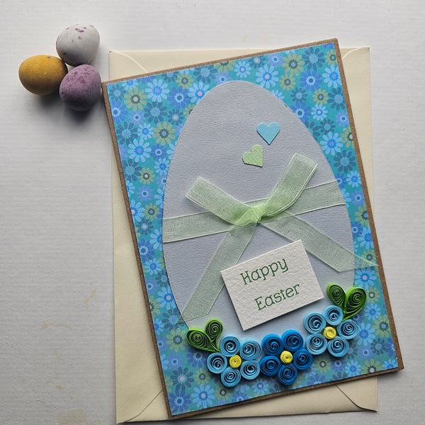 Blue Easter Egg Card with Quilled Flowers Size 6" x 4" (15cm x 10cm)