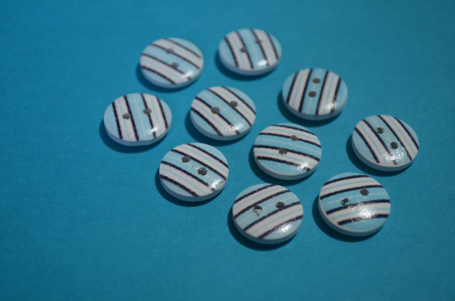 15mm Wooden Striped Buttons Light Blue Black White 10pk Stripe Stripey (SST22)