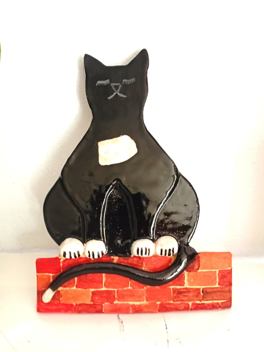 Pottery Cat wall hanging, hand made, black and white,quirky Cat wall plaque