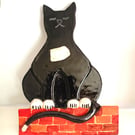 Pottery Cat wall hanging, hand made, black and white,quirky Cat wall plaque