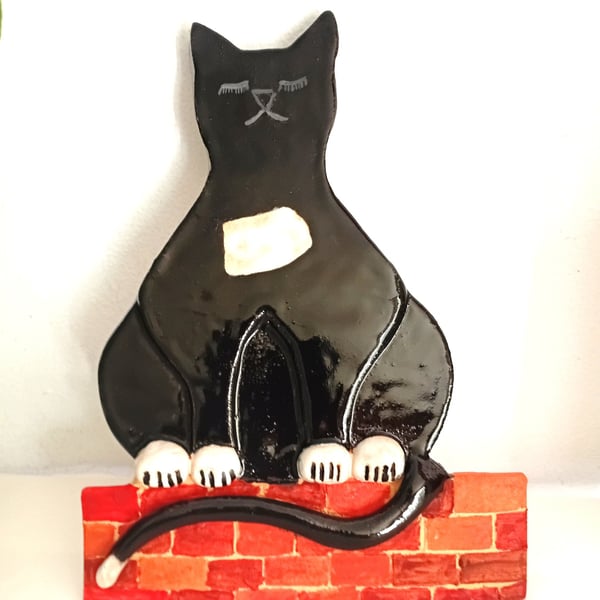 Pottery Cat wall hanging, hand made, black and white,quirky Cat wall plaque