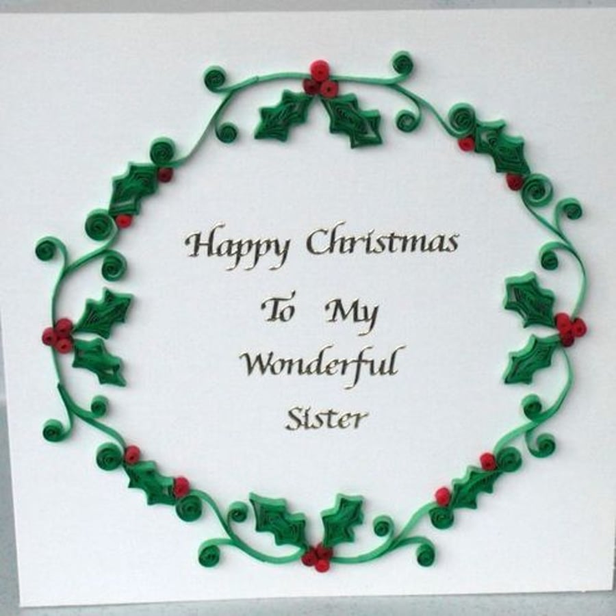 Quilled personalised Christmas card with quilling holly garland