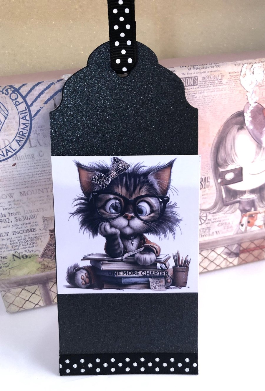 Handmade Cat Bookmark Quirky Reader Gift with Polka Dot Ribbon