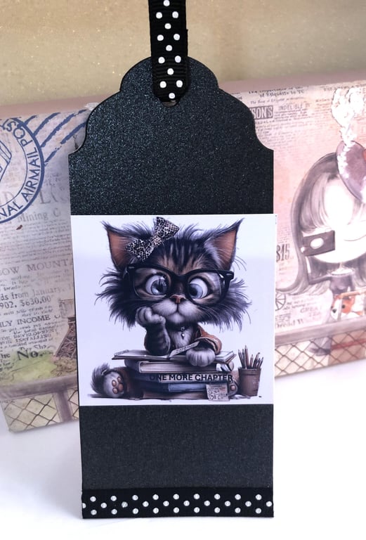 Handmade Cat Bookmark Quirky Reader Gift with Polka Dot Ribbon
