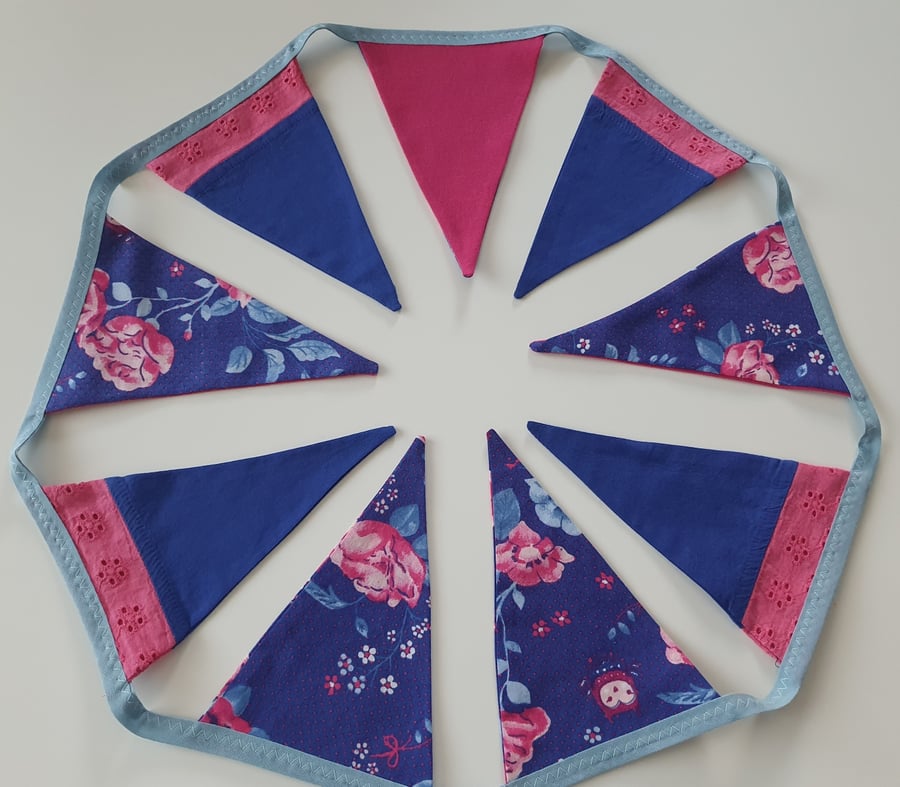 Beautiful Royal Blue and Hot Pink Floral Bunting on Light Blue Binding