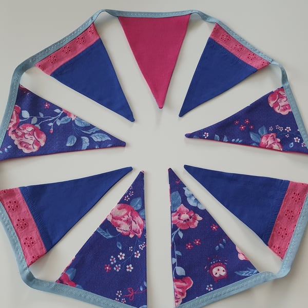 Beautiful Royal Blue and Hot Pink Floral Bunting on Light Blue Binding