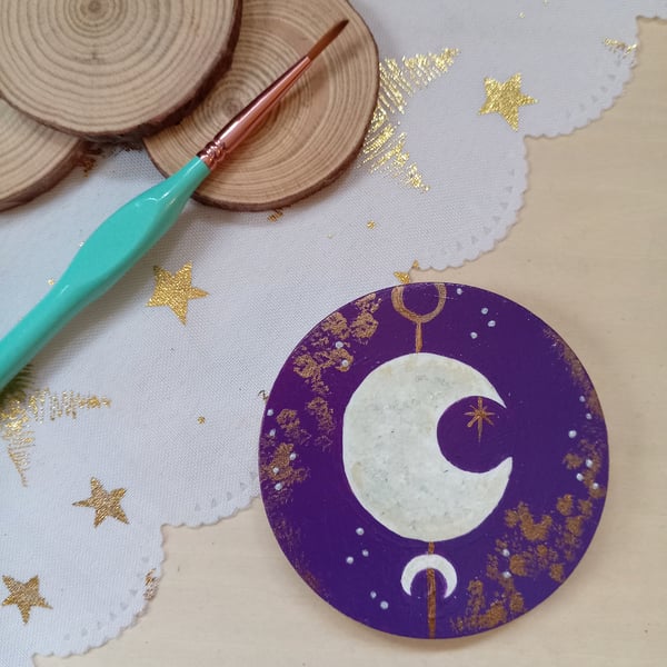 Wooden celestial moon pocket mirror 