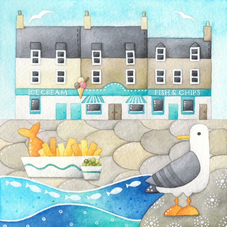 Seagull Framed Print. Cute Seaside Watercolour Art Painting. East Neuk of Fife.