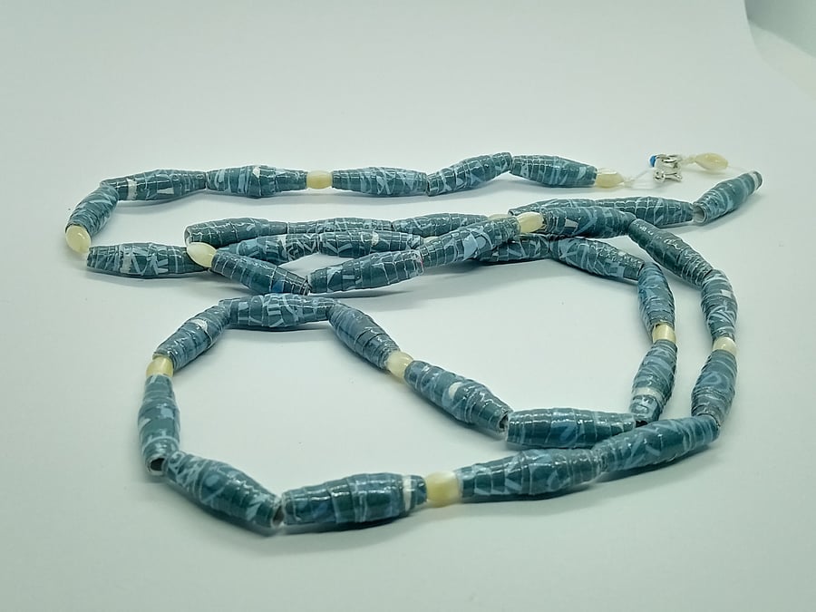Handmade denim blue varnished paper bead and imitation seed pearl necklace