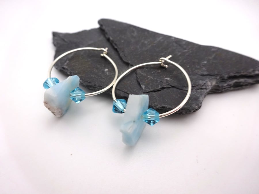 larimar gemstone earrings, sterling silver hoops