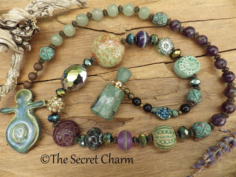 Goddess Arianrhod Prayer Beads, Aventurine & Emerald Meditation Beads OOAK