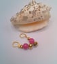 Fuchsia Glass Bead and Gold Crystal Earrings, Hot Pink Earrings, Earrings  - Image 3