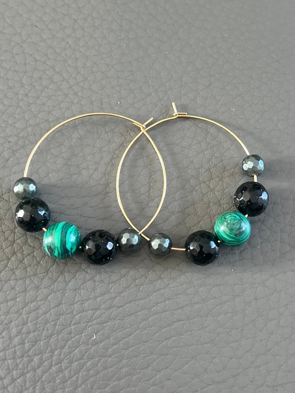 Handmade Gold Hoop Earrings with Malachite 