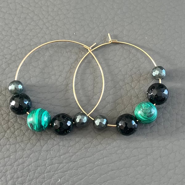 Handmade Gold Hoop Earrings with Malachite 