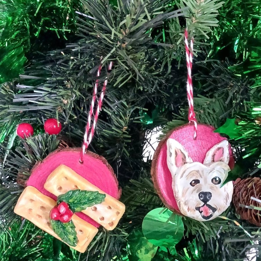 Scottish themed set of 2 Christmas tree decoration's, shortbread and westie dog