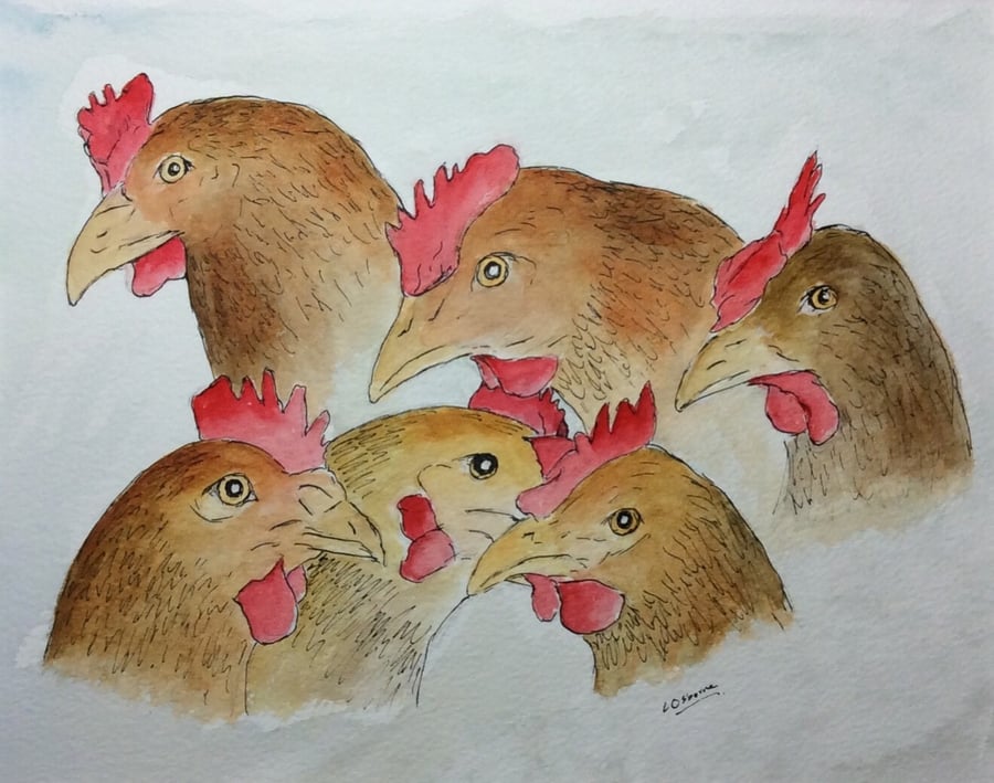 Chickens. Original watercolour. Farm animals. Pet. Painting