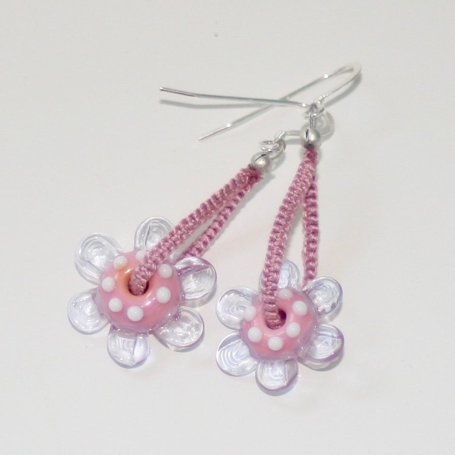 Pink flower and macrame earrings