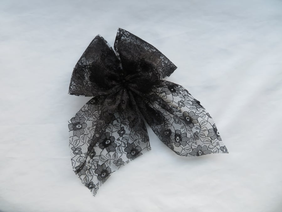 Black Lace & Crystal Gothic Victorian Clip In Hair Bow