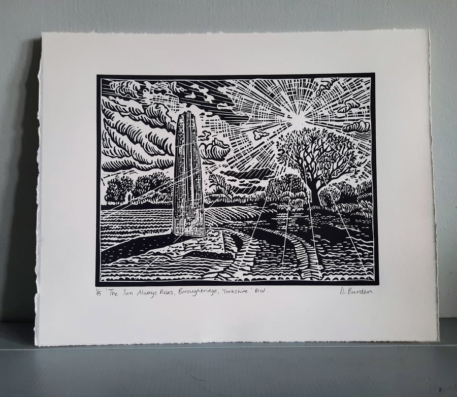 Limited edition handprinted linoprint of standing stone